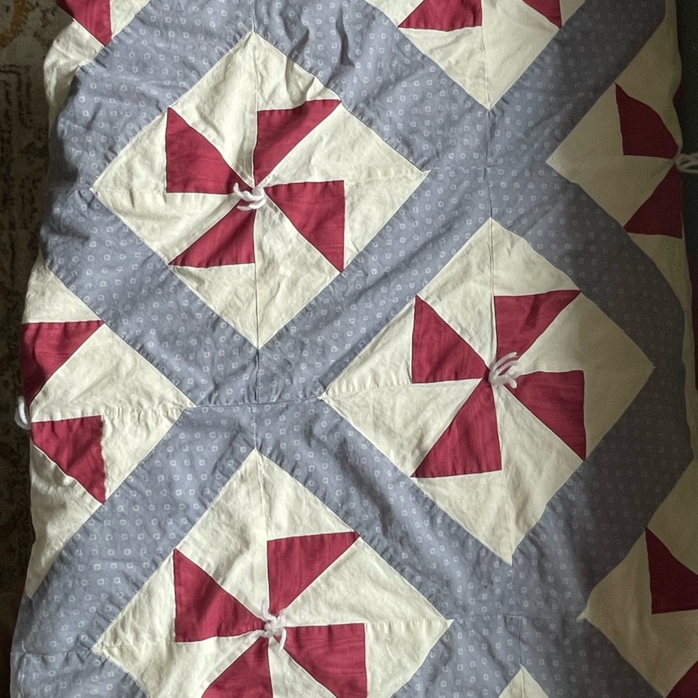vintage Pinwheel Quilt - red white & blue handmade patchwork 62x76 cutter quilt